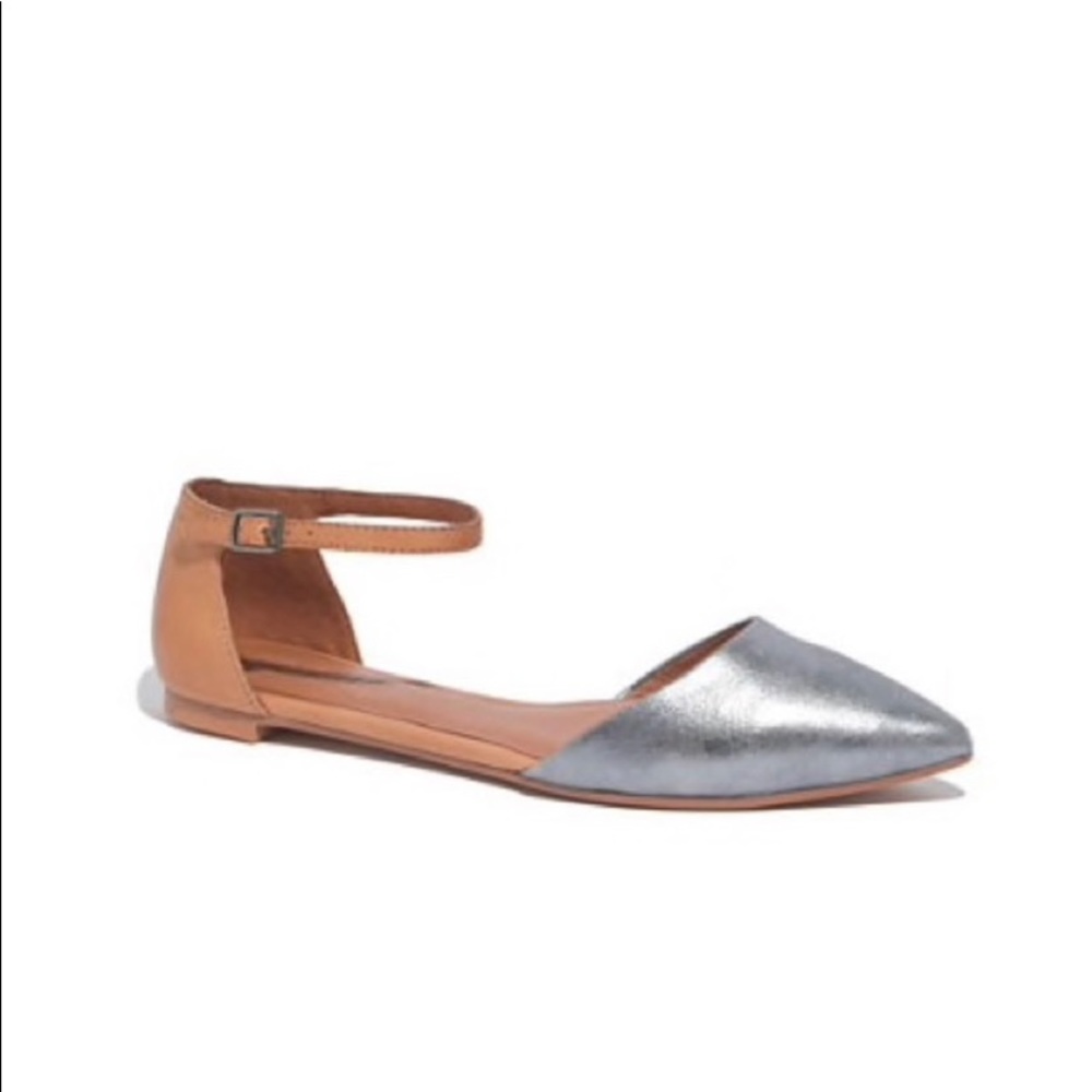 MADEWELL Silver Pointed Toe & Tan Sandals with Ankle Strap, Size 7.5